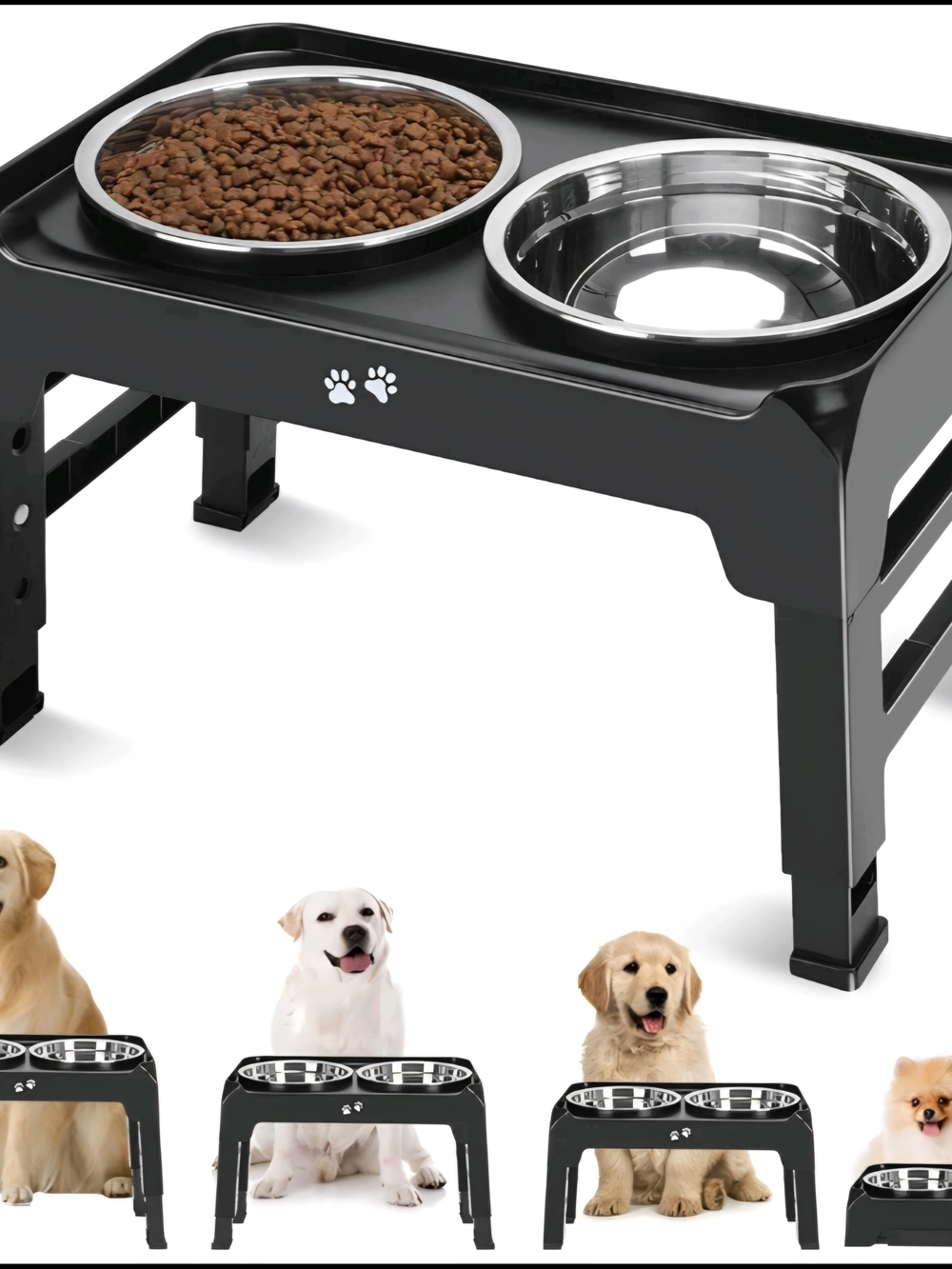 Adjustable Black Elevated Dog Feeder with Dual Stainless Bowls